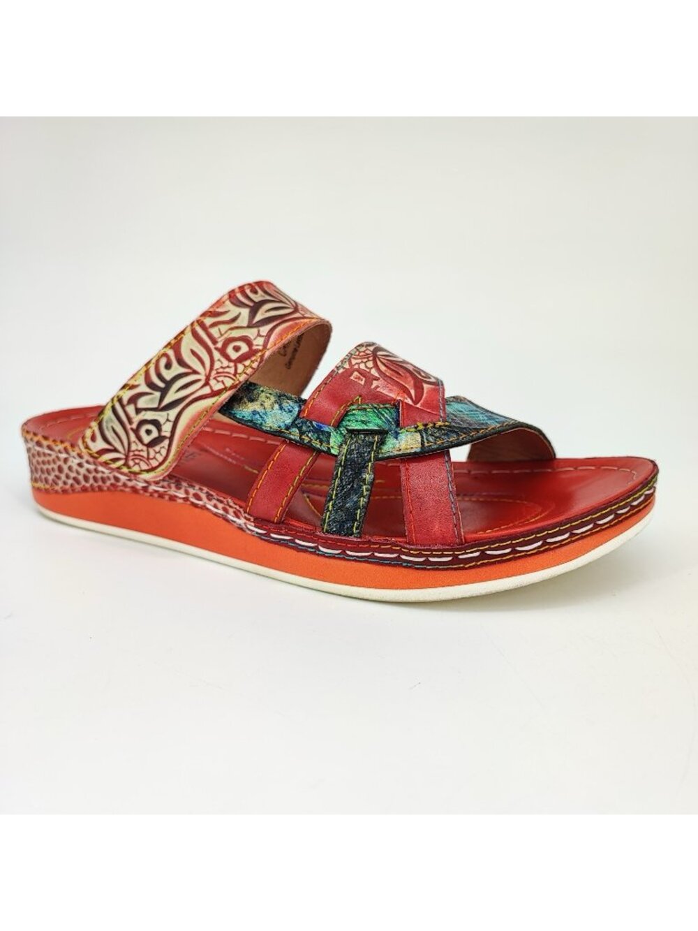 L'Artiste Caiman Women's Size 8 US Sandals Leather Red Wedge Strappy Caiman